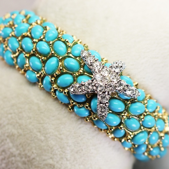 ⚜️ Vintage Kenneth Jay Lane Crystal Starfish Turquoise Cabochon Bracelet - Picture 12 of 16